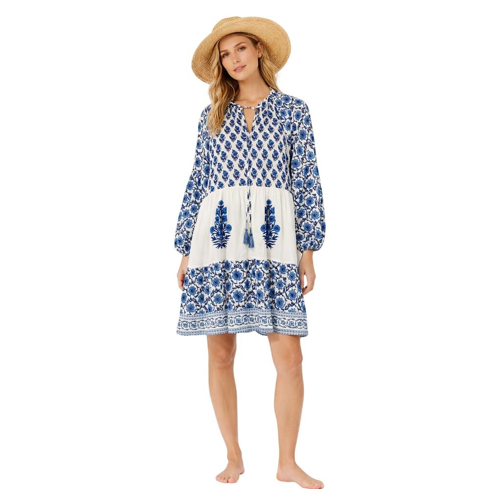 BINDU Women's Boho Block Print Floral Print Cotton Peasant Dress Blue Size Small